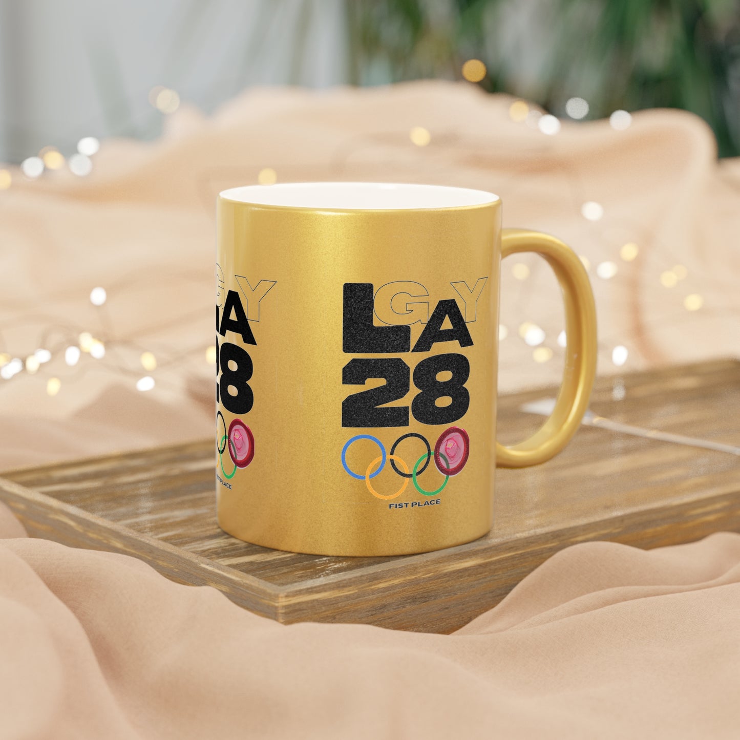 LA28 Olympic Rings Metallic Mug — 'LA 28' FIST Place Silver/Gold Coffee Cup