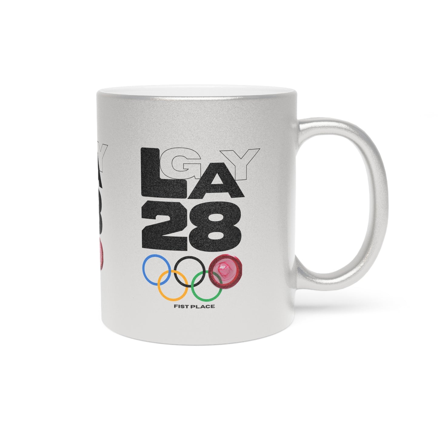 LA28 Olympic Rings Metallic Mug — 'LA 28' FIST Place Silver/Gold Coffee Cup