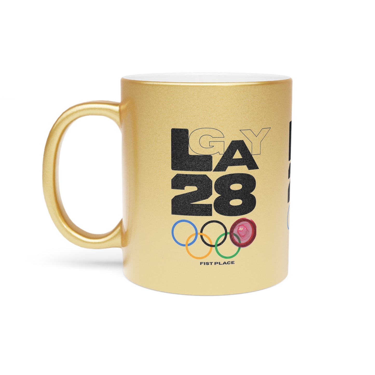 LA28 Olympic Rings Metallic Mug — 'LA 28' FIST Place Silver/Gold Coffee Cup