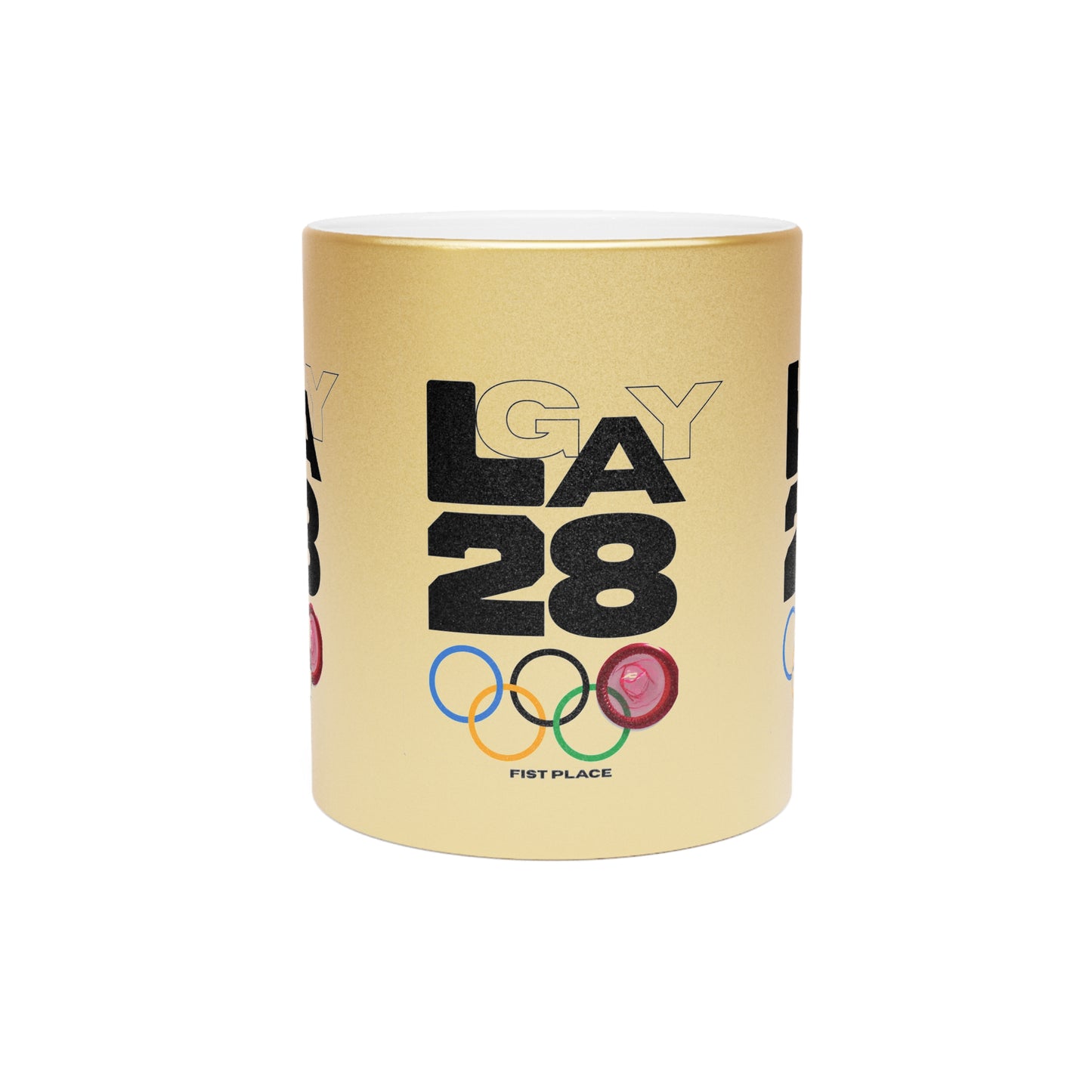 LA28 Olympic Rings Metallic Mug — 'LA 28' FIST Place Silver/Gold Coffee Cup