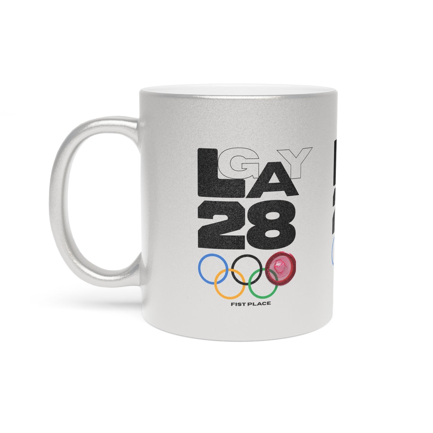 LA28 Olympic Rings Metallic Mug — 'LA 28' FIST Place Silver/Gold Coffee Cup