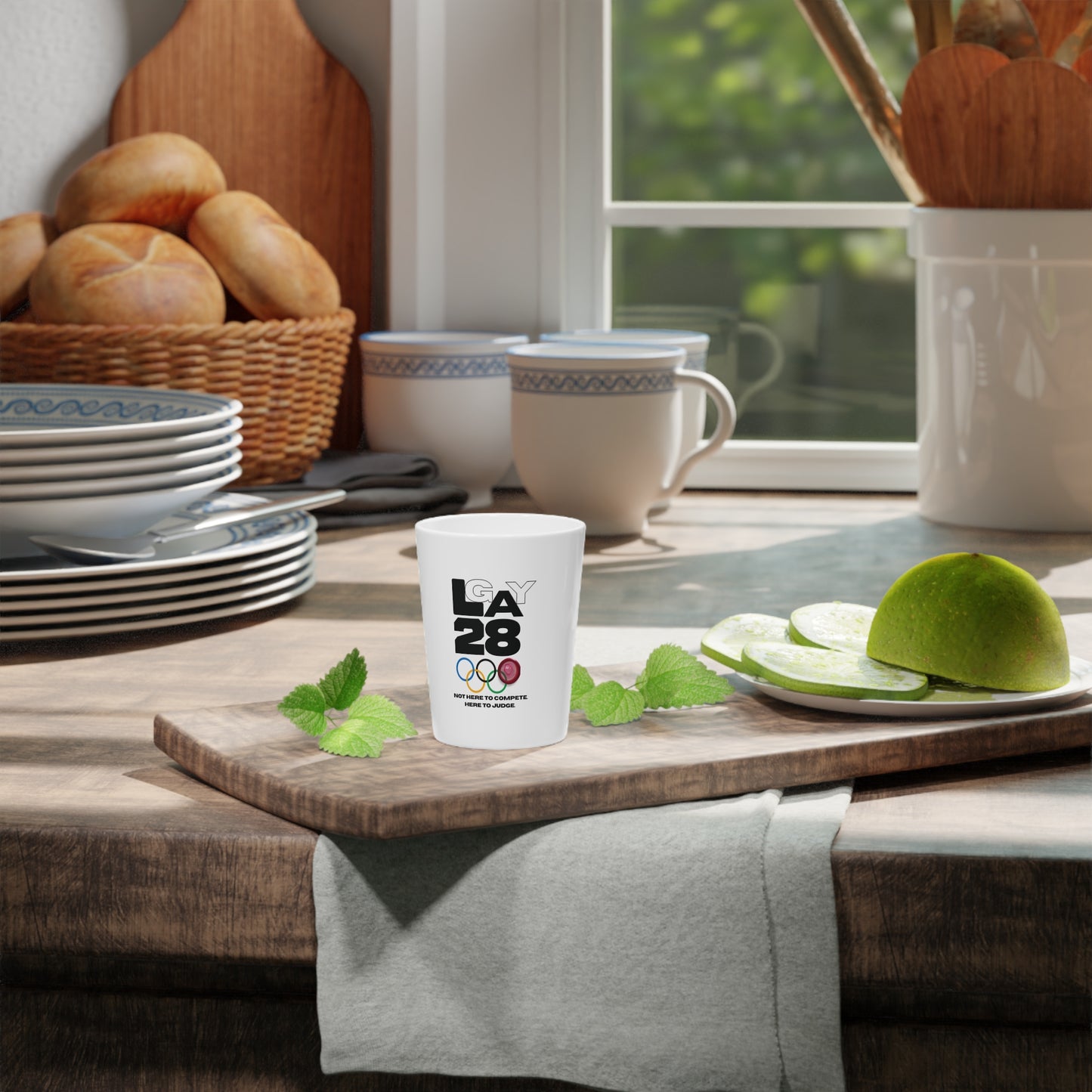 LA 28 Shot Glass — "Not Here to Compete, Here to Judge" Pride Olympics Souvenir