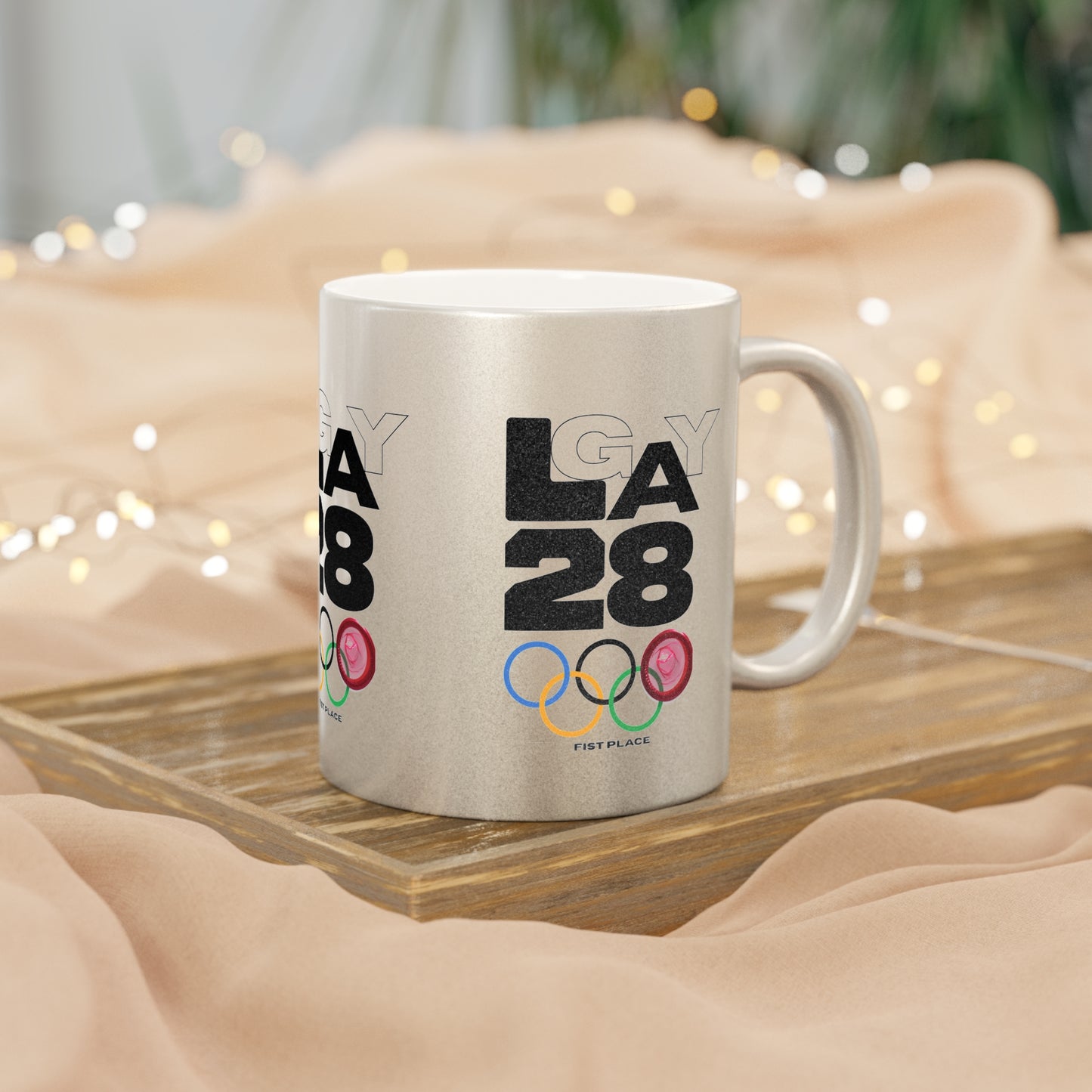 LA28 Olympic Rings Metallic Mug — 'LA 28' FIST Place Silver/Gold Coffee Cup