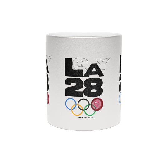LA28 Olympic Rings Metallic Mug — 'LA 28' FIST Place Silver/Gold Coffee Cup