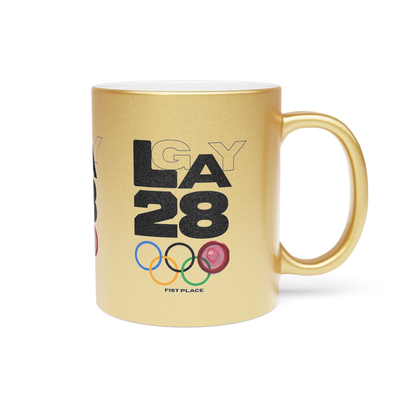 LA28 Olympic Rings Metallic Mug — 'LA 28' FIST Place Silver/Gold Coffee Cup